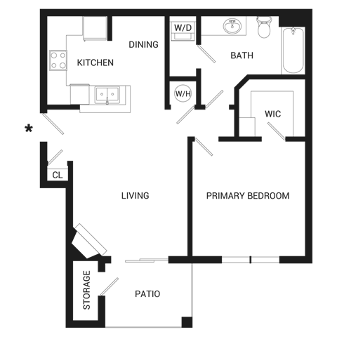 Floor plan for 1 bed, 1 bath, 690 sqft